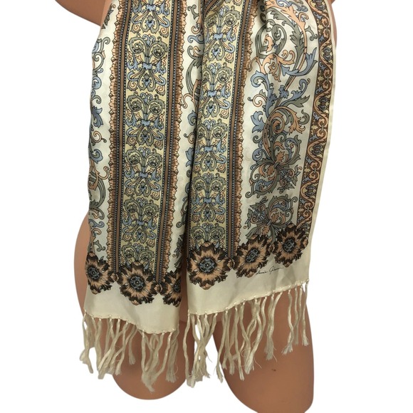 Vintage Ginnie Johansen 100% Silk Scarf Floral Paisley Print Satin Fringe Boho - Picture 4 of 10